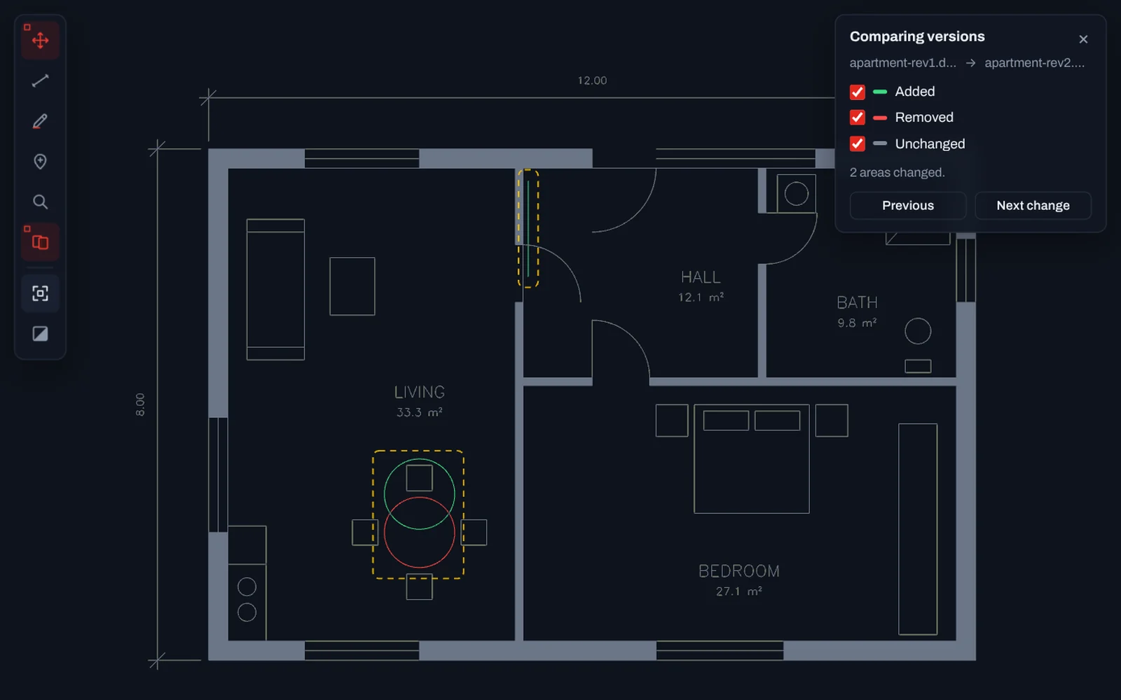 Two versions of a floor plan compared in TrattoCAD