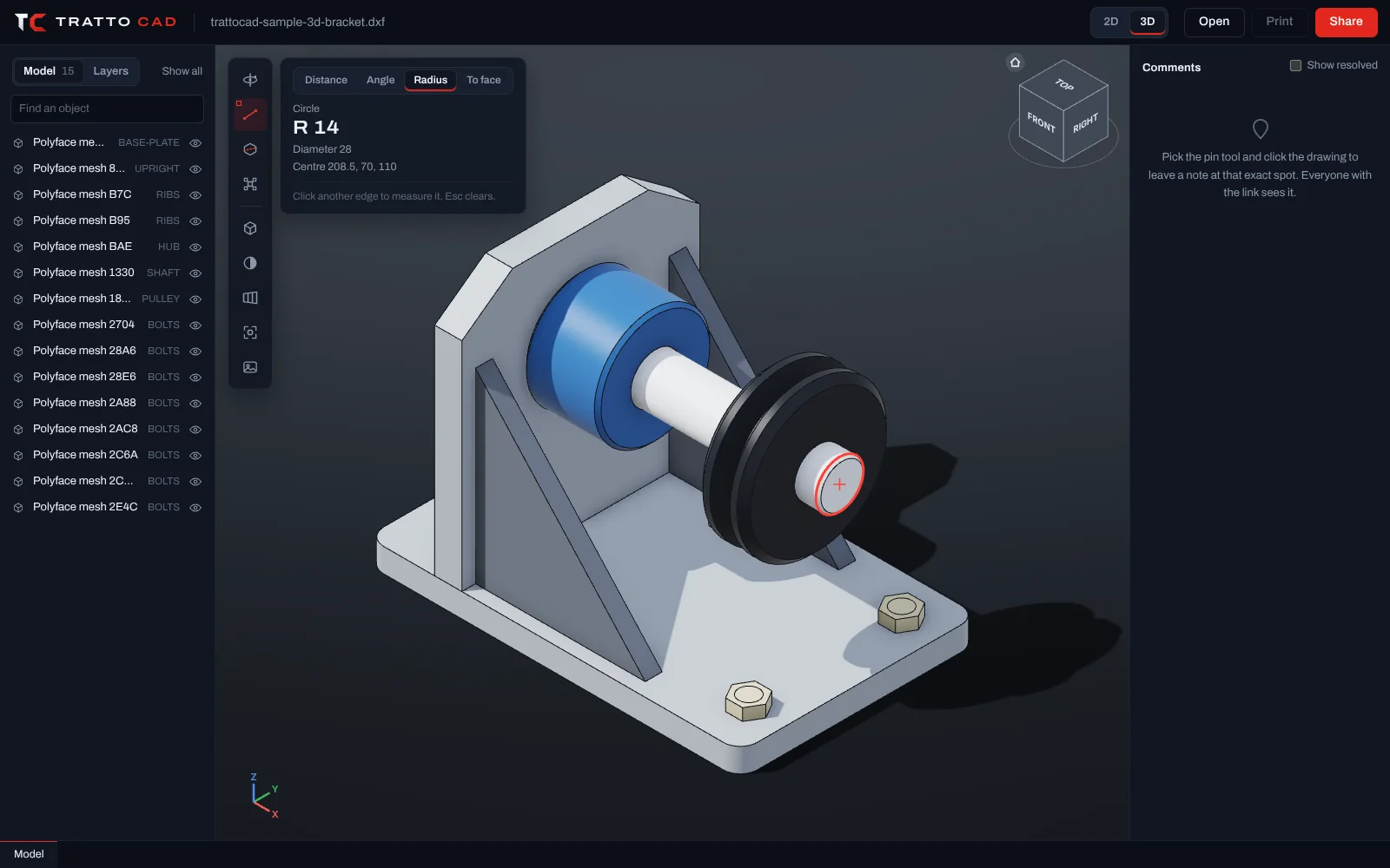 Measuring the radius of a shaft in 3D