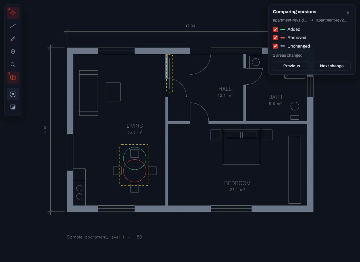 Changed areas framed on a floor plan