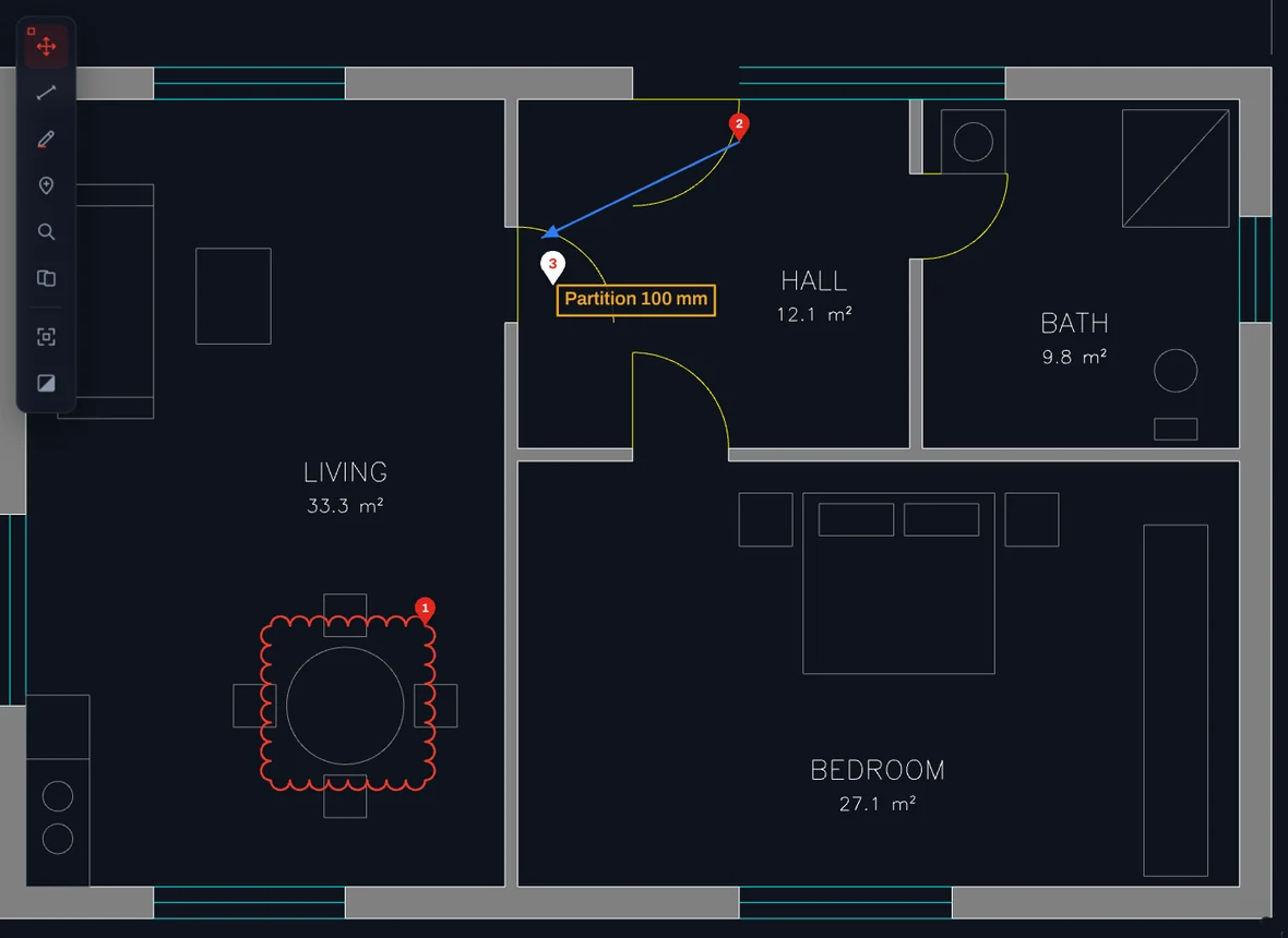 An arrow and a text markup on a floor plan