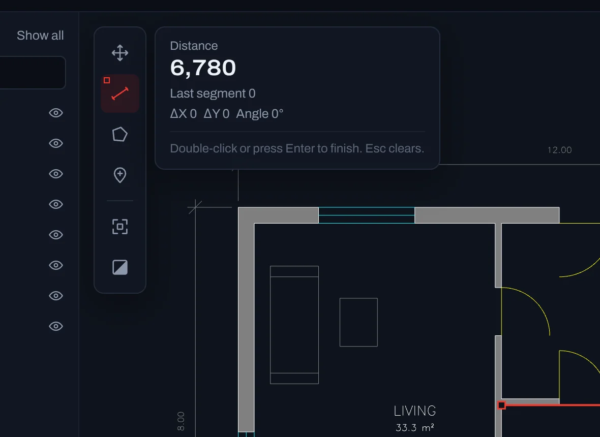 A distance measured between two walls