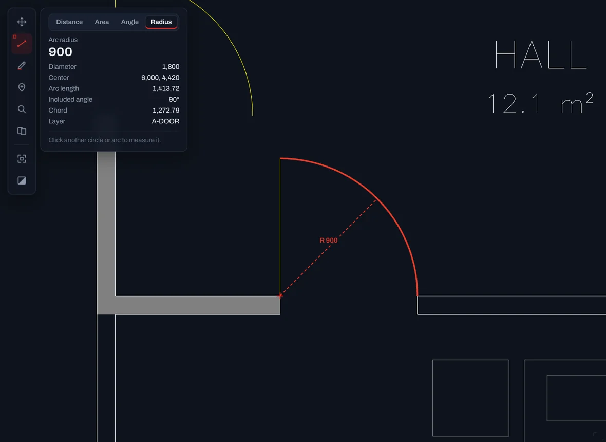 The radius of a door swing measured in TrattoCAD