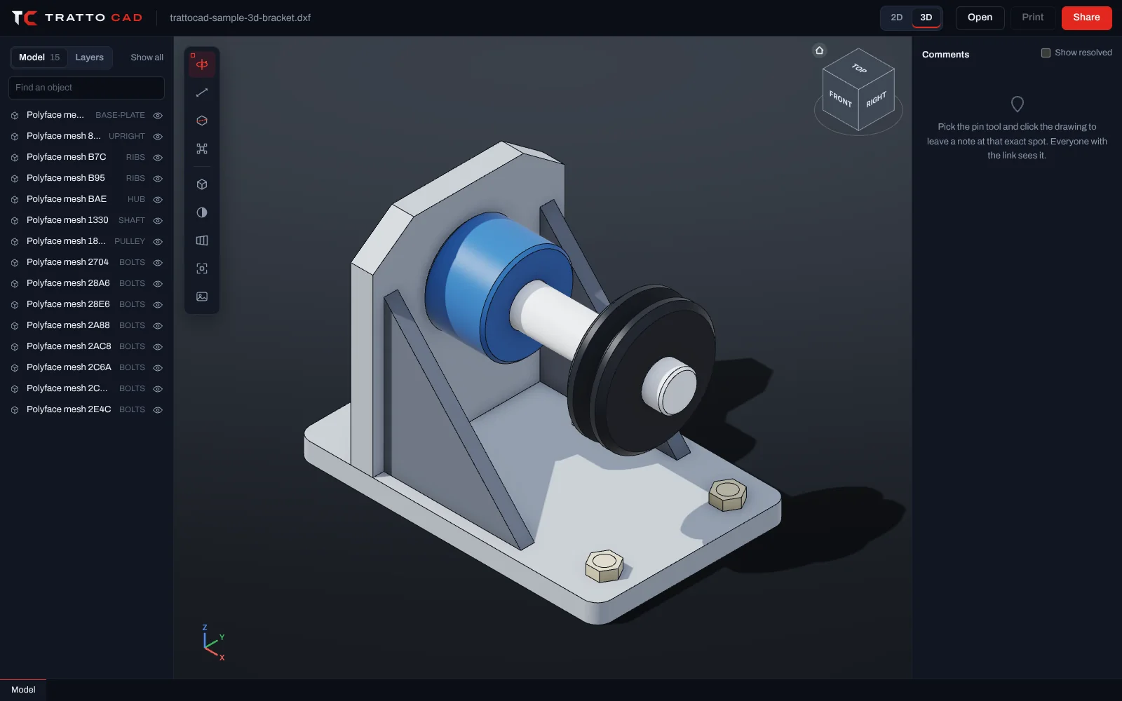 A 3D bracket open in TrattoCAD