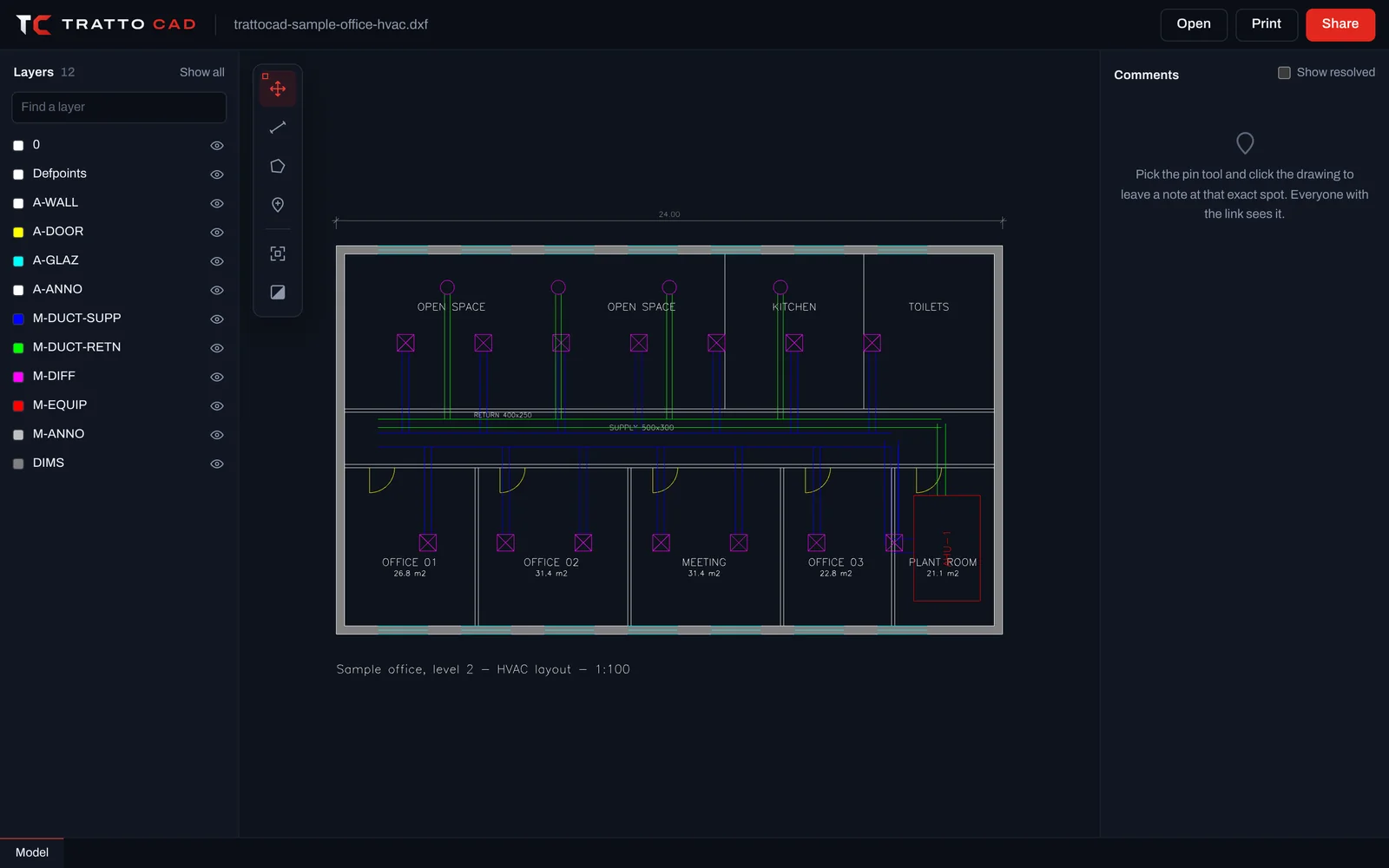 Office HVAC layout open in TrattoCAD